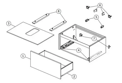 Montageanleitung für einen weißen Waschtischunterschrank von Ideal Standard, bestehend aus verschiedenen Bauteilen wie Schublade, Oberplatte und Montagebeschlägen.